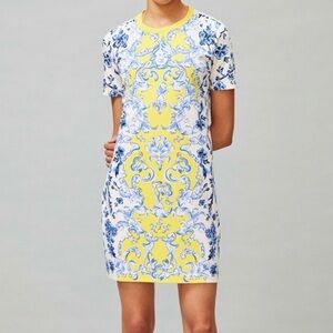 Tory Burch Printed T Shirt Tee Mini Dress Yellow Floral Swirl Blue Branches S